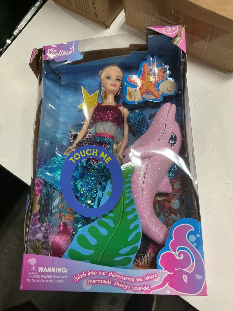 Condition photo showing Good Condition for yellow river mermaid princess doll with little mermaid and pink dolphin playset, blonde hair mermaid dolls toys with accessories, gift for 3 to 7 year old girls dolphin mermaids set