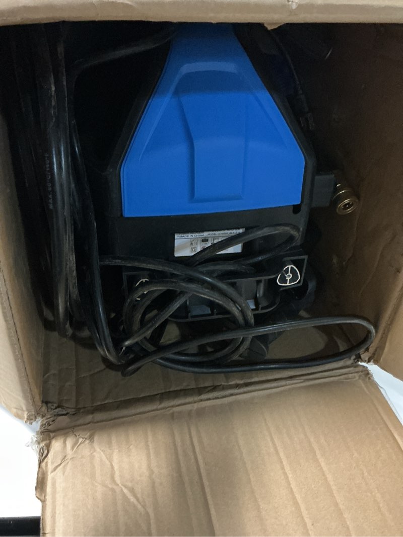 Condition photo showing As Is for 5000PSI 4.0GPM Heavy Duty Electric Pressure Washer with 33 FT Extension Hose, 4 Quick Connect Nozzles and Foam Cannon for Cars/Fences/Driveways/Patios/Home Cleaning, Blue