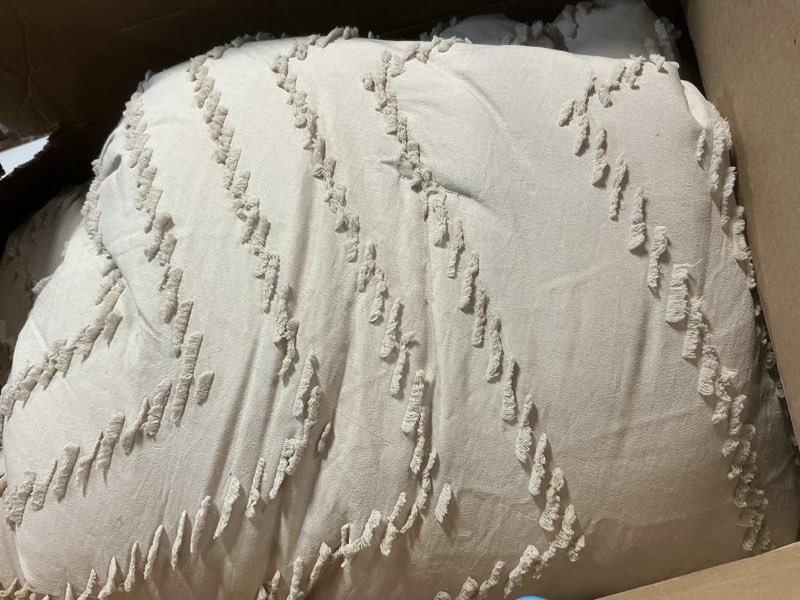 Condition photo showing As Is for litanika oversized king size comforter set with sheets oatmeal - 7 pieces bed in a bag oversized king boho tufted complete bedding sets with comforter, sheets, pillowcases & shams oatmeal oversized king (120"x98")
