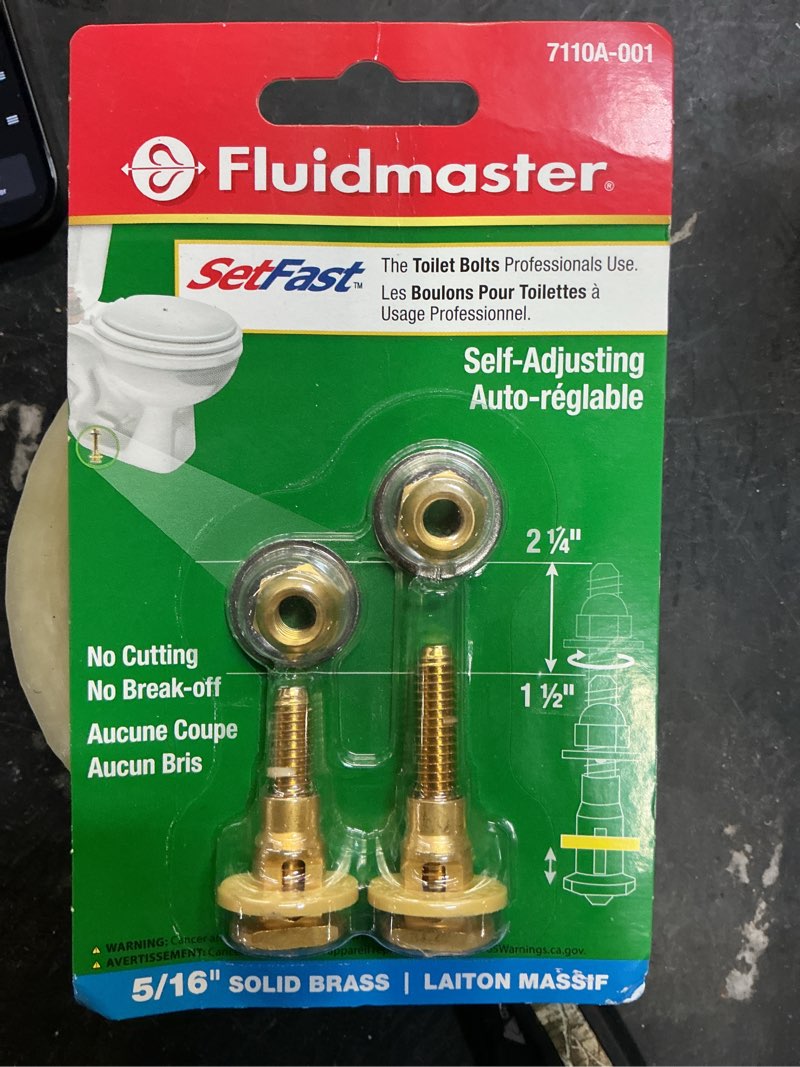 Condition photo showing New/Like New for fluidmaster 7110a-001-p10 setfast self-adjusting toilet bowl to floor bolts, 5/16 in. x 1-1/2 to 2-1/4 in, brass