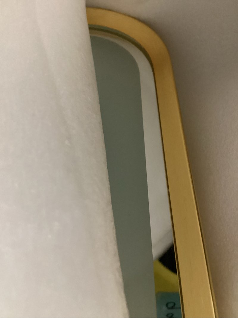 Condition photo showing As Is for 20"x 28" Gold Framed LED Mirrors for Bathroom, Wall Mounted Lighted Bathroom Vanity Mirror, Front and Backlight, Stepless Dimmable, 3 Colors, Anti-Fog, Memory, Smart Touch Button Gold 20"L x 28"W