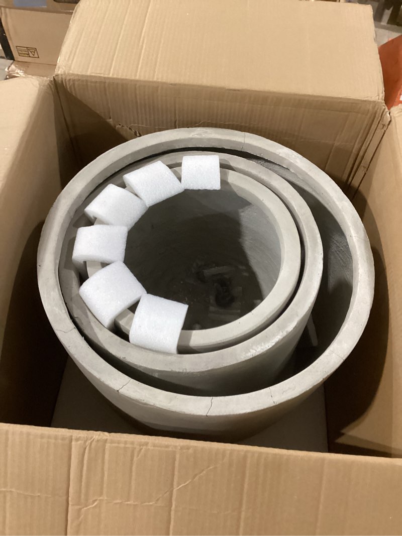 Condition photo showing Good Condition for kante 20",16.5",13.4" dia round concrete planters (set of 3), outdoor indoor modern decorative plant pots with drainage hole & rubber plug for home & garden, weathered concrete weathered concrete 20.1"d + 16.5"d + 13.4"d planters