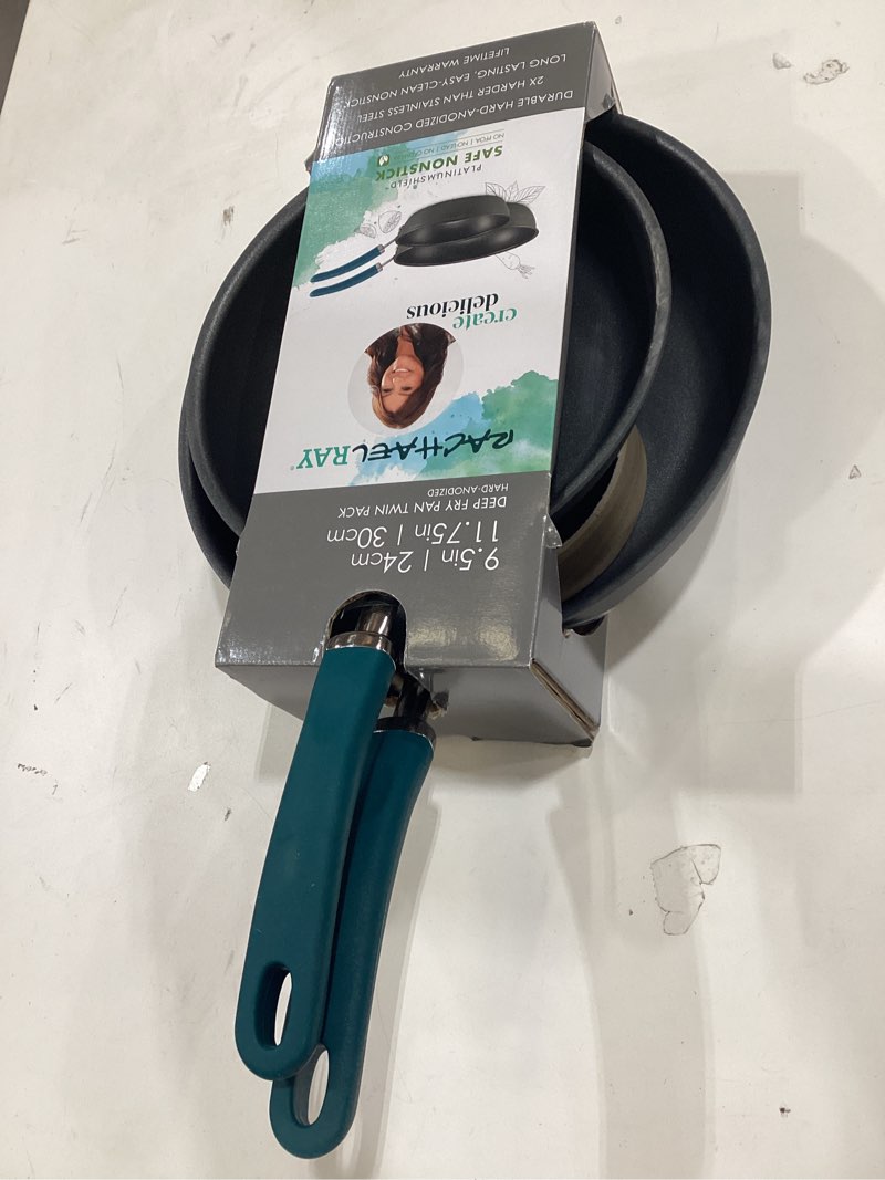 Condition photo showing Good Condition for rachael ray create delicious deep hard anodized nonstick frying pan set / fry pan set / hard anodized skillet set - 9.5 inch and 11.75 inch, gray 9.5" and 11.75" skillet set teal handle