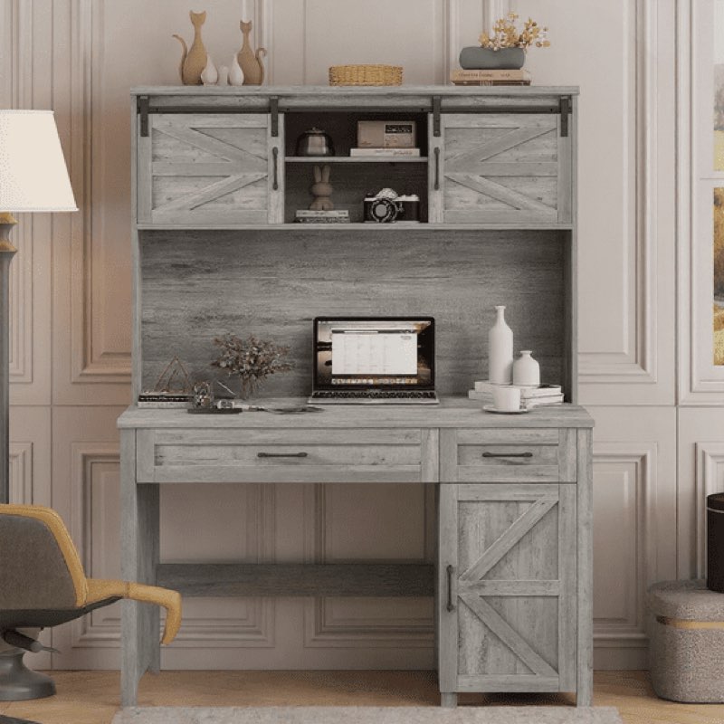 farmhouse 47" executive desk, computer desk with drawers and storage cabinet, workstation computer desk with charging station for home office study.gray
