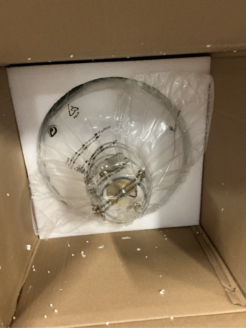 Condition photo showing New/Like New for 12" Farmhouse Pendant Light, Hand-Blown Clear Hammered Glass Hanging Light Fixture with Brass Gold Finish, Adjustable Chain Ceiling Light for Kitchen Island, Dining Room, Hallway, E26 Socket Chain Gold 12 inches