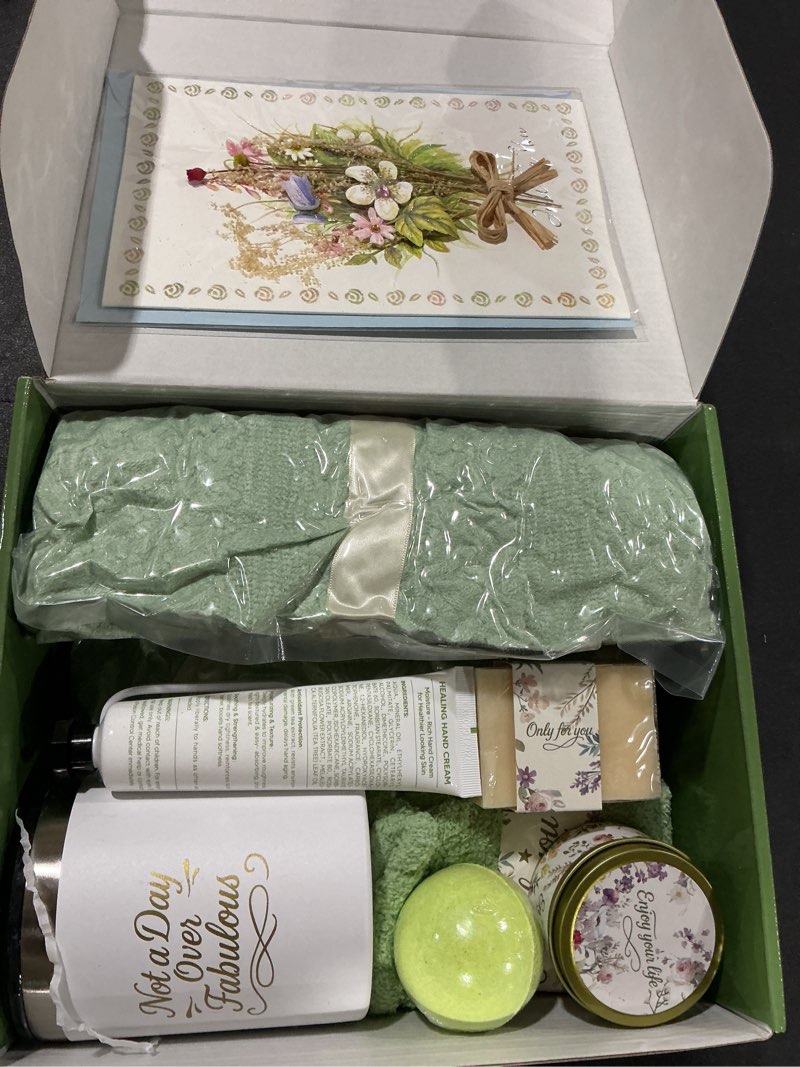 Condition photo showing New/Like New for Christmas Birthday Gifts for Women Spa Care Package, Get Well Soon Gifts for Women, Self Care Gift Baskets, Thinking of You Sympathy Gift Box for Mom, Her, Friend, Sister, Wife Sage Green
