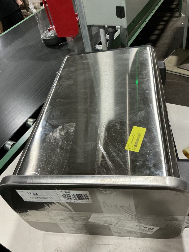 Condition photo showing As Is for better homes & gardens kitchen trash can, 13.2 gallon stainless steel slim step garbage bin with soft close lid, silver