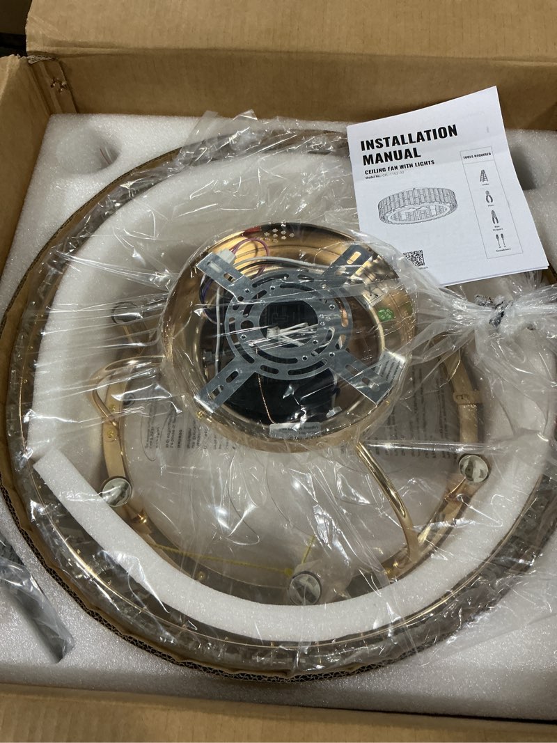 Condition photo showing Good Condition for Siljoy 20’’ Gold Crystal Ceiling Fan with Light, Modern Caged Ceiling Fan with Lights and Remote, 6 Speeds Reversible Dimmable Quiet DC Motor Fandelier for Girl’s Bedroom Living Room, 6 x E12 Flush Mount 19.7 Inch
