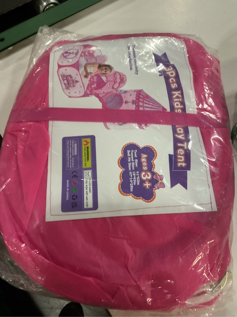 Condition photo showing Good Condition for 3 in 1 Girls Princess Play Tent for Kids: Pop Up Toddlers Playhouse with Baby Crawl Tunnel, Ball Pit and Castle Tent - Pink Children Play Tent Toys Indoor and Outdoor Game for Birthday Gift Unicorn Play Tent