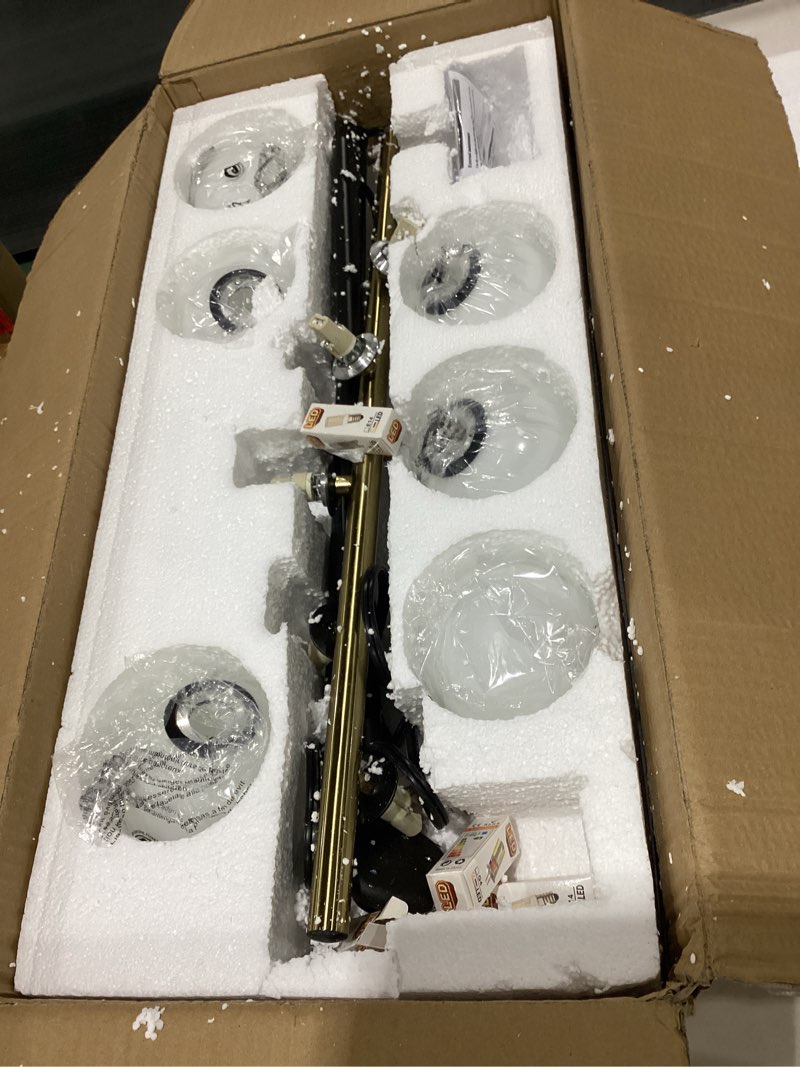 Condition photo showing Good Condition for Modern Floor Lamp LED Standing Tall Pole Lamp with Glass Shade Elegant Mid Century Modern Floor Lamps for Living Room Bedroom Office Dinning Room 6 Lights (Bulbs Included) Gold 6 Bulbs