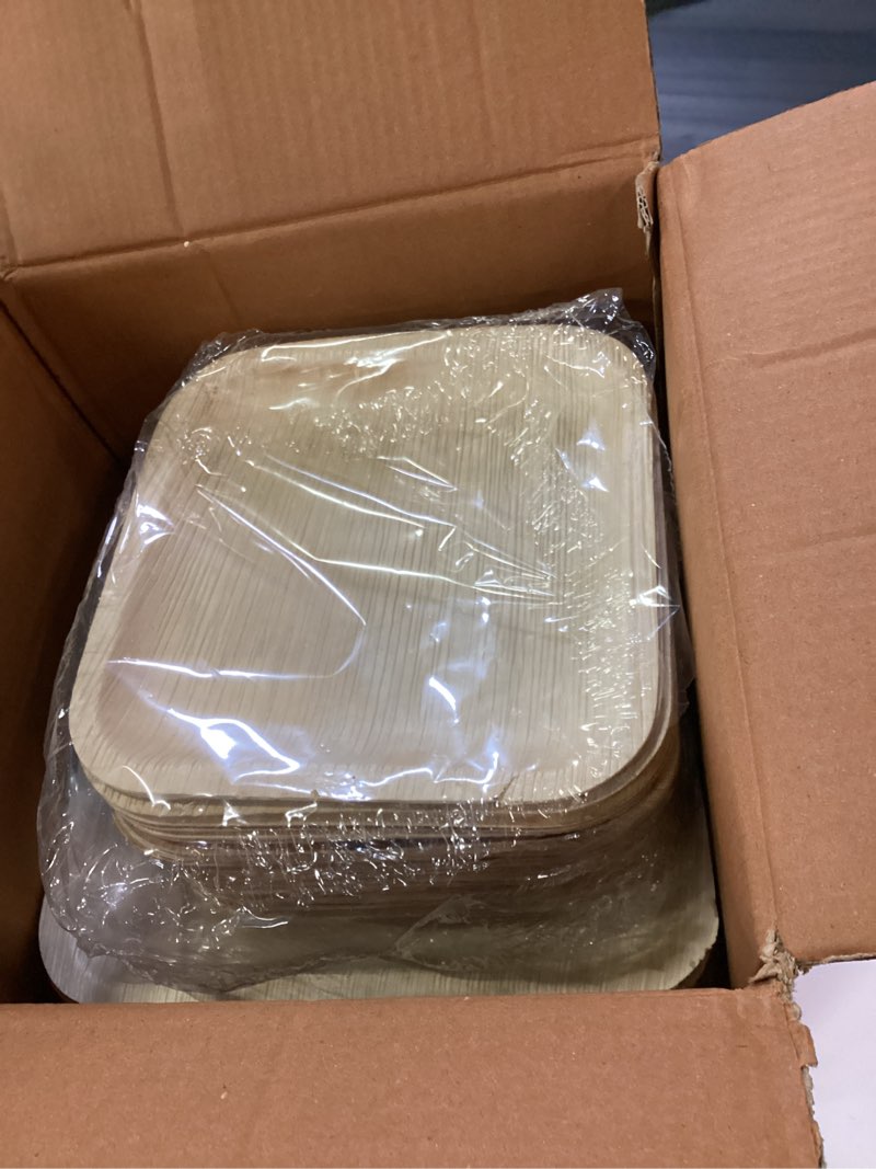 Condition photo showing As Is for eco soul compostable 7 & 10 inch palm leaf square plates (50 count) like bamboo plates | biodegradable | eco-friendly, microwave & oven safe - party pack
