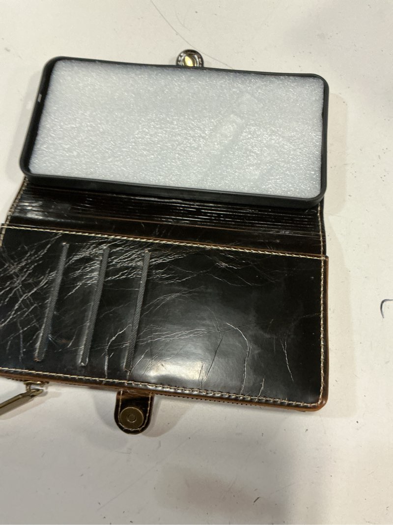 Condition photo showing As Is for defencase for galaxy s25 plus/s25+ case wallet with rfid blocking card holder for women men, elegant leather magnetic snap flip strap zipper wallet phone cases for samsung galaxy s25 plus 6.7", coffee galaxy s25+/s25 plus coffee