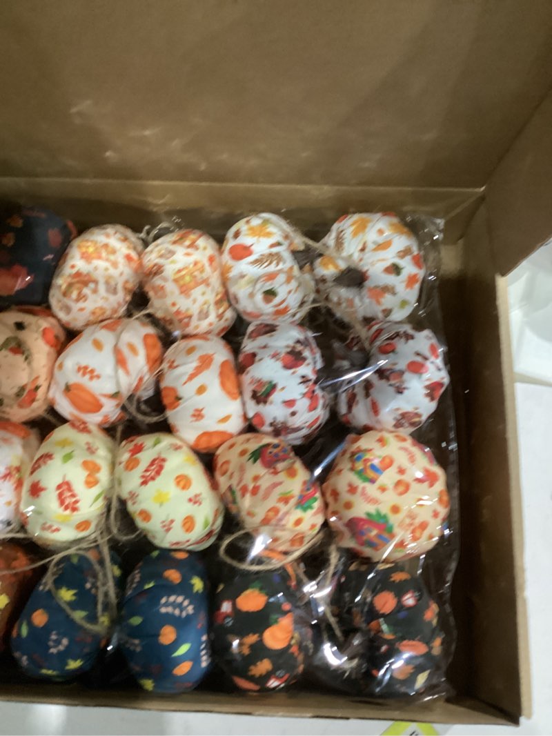 Condition photo showing New/Like New for Soulchen 48 Pcs Thanksgiving Mini Pumpkin Tree Ornaments 2 Inch Fabric Maple Leaf Turkey Pumpkin Hanging Tree Decorations for Thanksgiving Home Decor