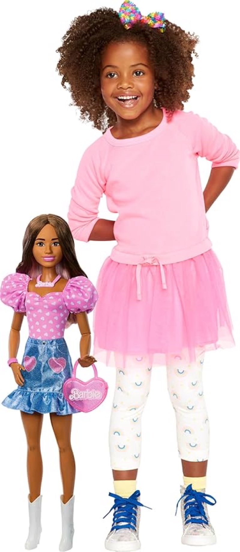barbie 28-in brunette fashion doll with removable fashions, pink top, denim skirt, & cowboy boots, necklace and purse accessory