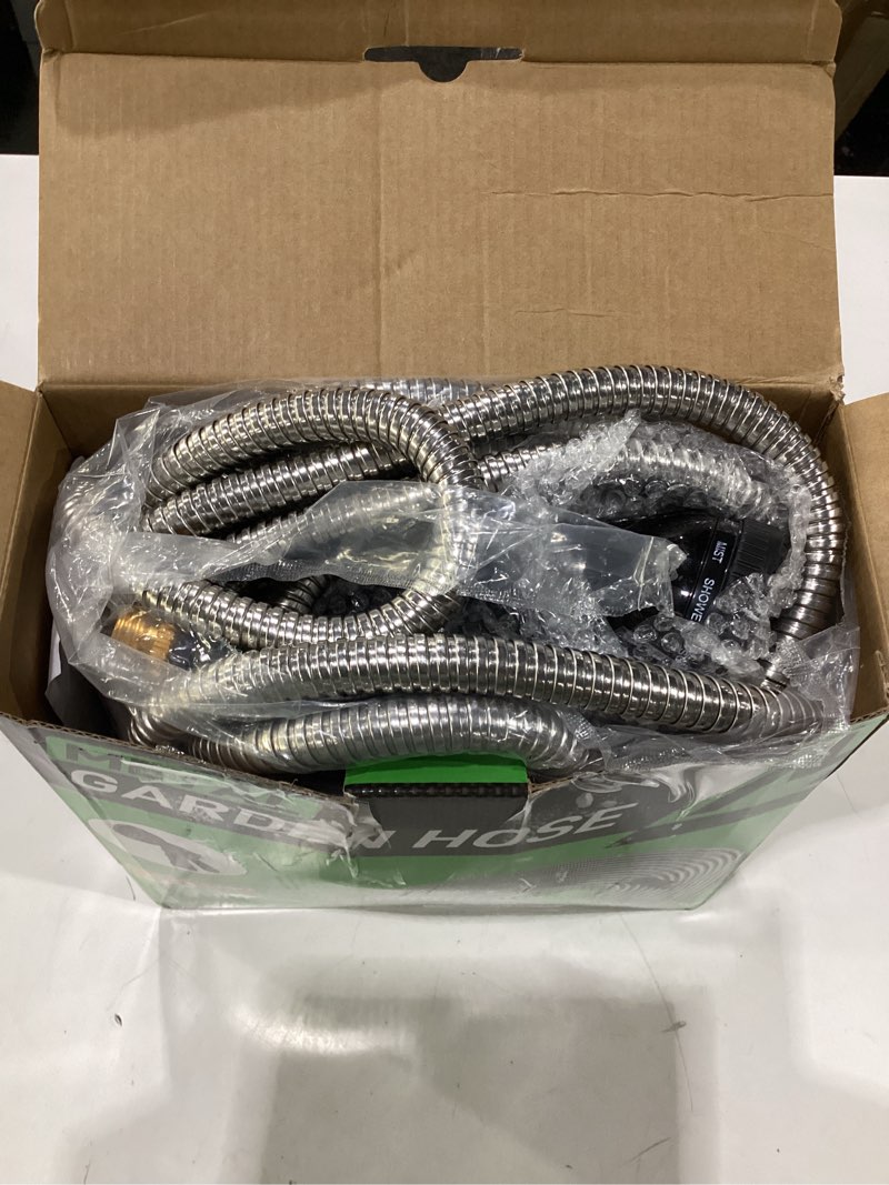Condition photo showing New/Like New for garden hose 50ft, heavy duty stainless steel water hose with 10 functional nozzles, no kink, lightweight and flexible, easy to use and store, strong and sturdy, suitable for yard and lawn