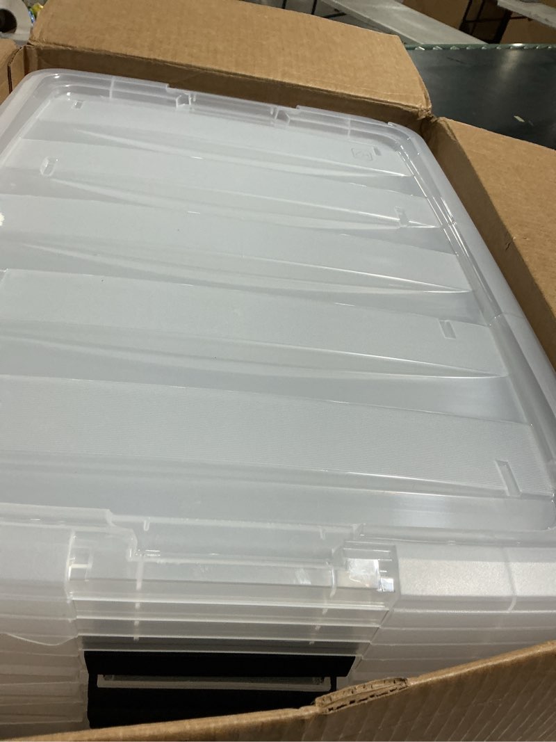 Condition photo showing As Is for IRIS USA 51 L (54 QT) Plastic Storage Box with Lid and Latches - 4 Pack - BPA-Free, See-Through Organizing Solution, Durable Nestable Stackable Containers, Secure Pull Handle - Clear Clear 54 Qt 4 Pack