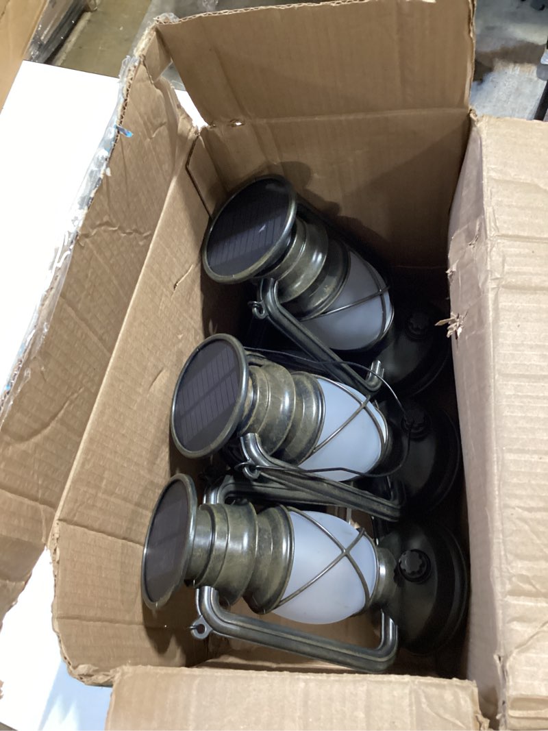 Condition photo showing As Is for solar lanterns outdoor waterproof, 4 pack vintage led hanging lights | dancing flame with auto on/off, bronze ambient lighting decor for porch, garden, yard, pathway, patio & camping