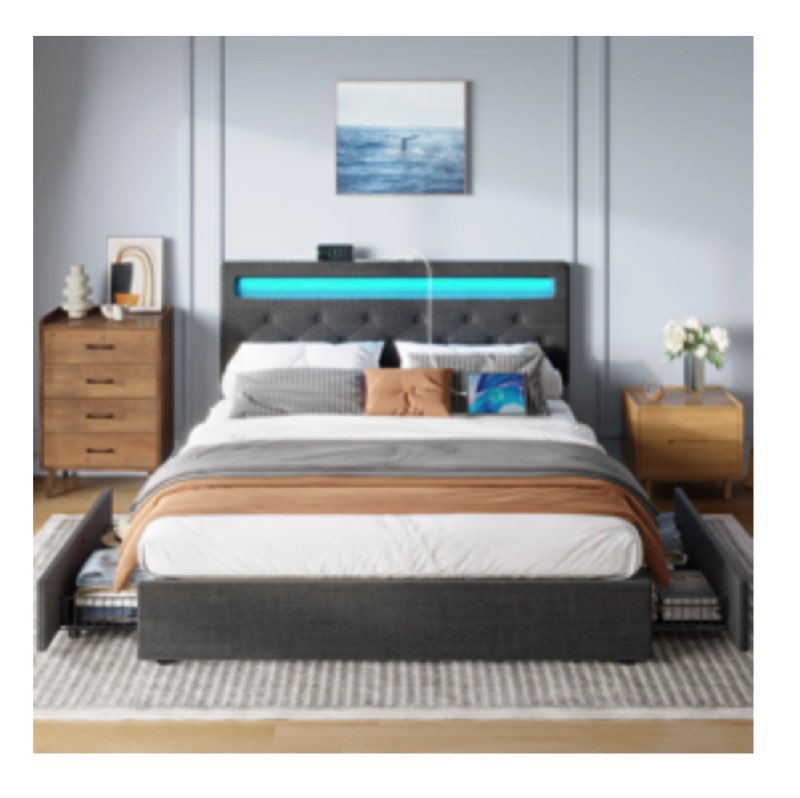 Upholstered Storage Bed with Adjustable Headboard, LED Lights and USB Power Strips (Twin size)