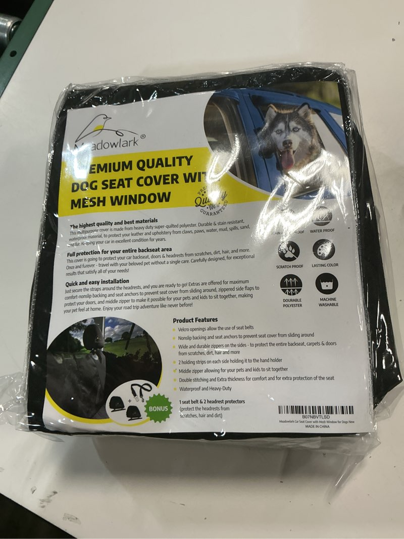 Condition photo showing New/Like New for meadowlark dog car seat cover with mesh window, heavy-duty pet seat cover for back seat, extra padded non-slip dog hammock, water-resistant back seat protector for cars trucks and suvs (54" w x 58" l) 58" l x 54" w without seat belt black / mesh