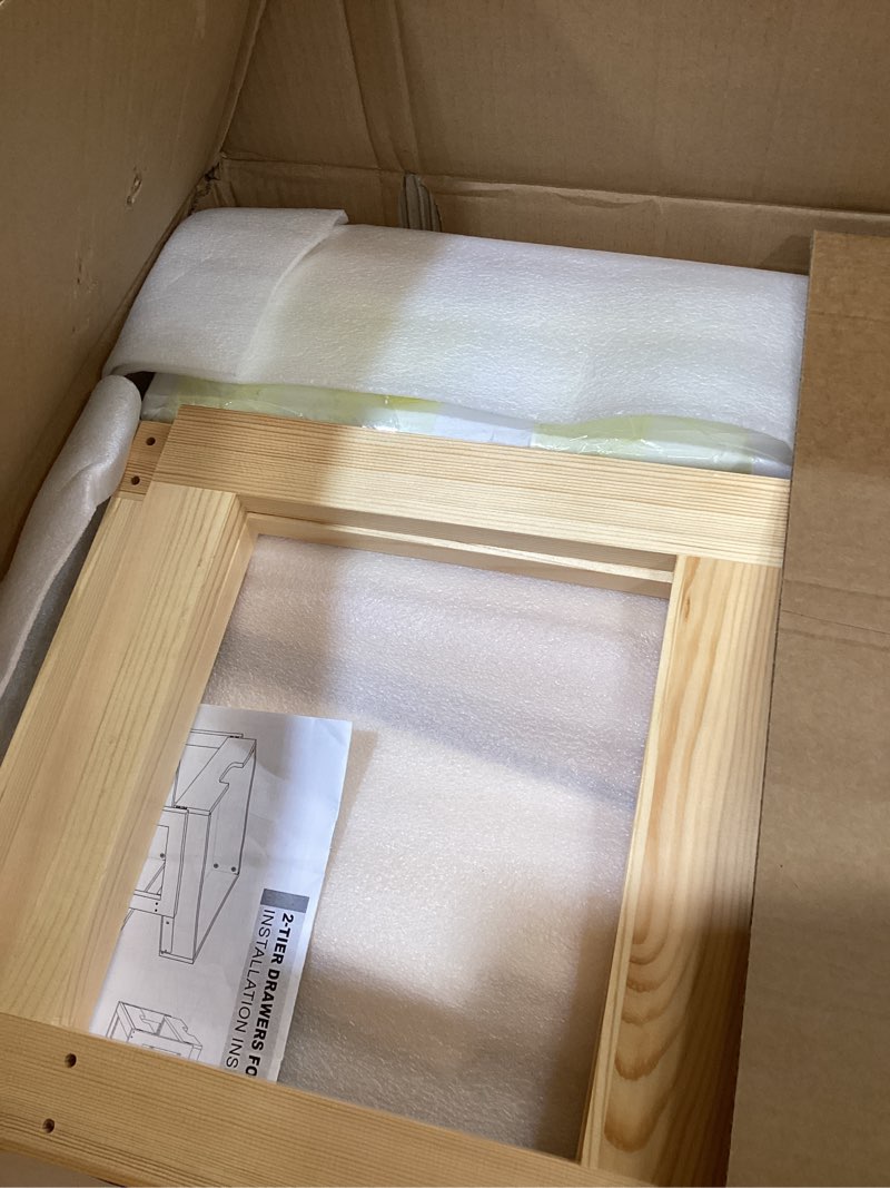 Condition photo showing As Is for pull out cabinet organizer, 26''w×21''d sliding drawers for cabinets, 2 tier soft close slide out wooden pull out drawers, base cabinet organization for kitchen, pantry, bathroom 2-tier/16''h 26''w×21''d