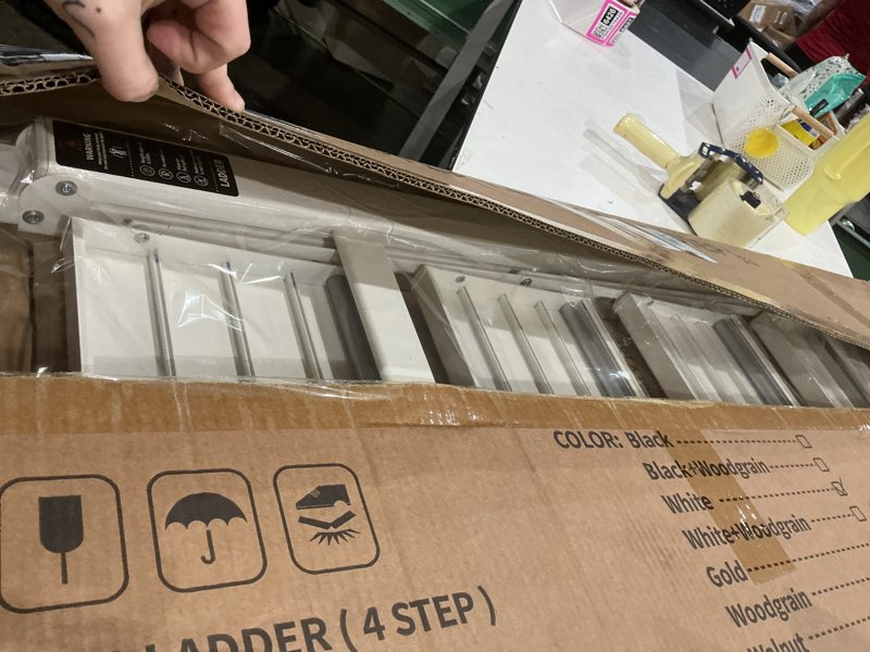Condition photo showing Good Condition for hillhutapex 4 step foldable aluminum step ladder with handgrip, anti-slip pedal, 330 lbs capacity, lightweight & portable for home, kitchen, office, garage (white) white 4 step with handrail