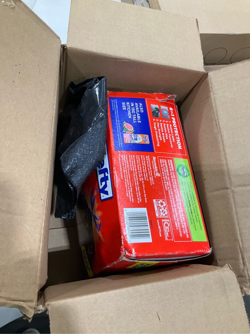 Condition photo showing As Is for Hefty Ultra Strong 30 Gallon Trash Bags, Large Trash Bags, Multipurpose, Break Resistant Drawstring Closure, Resists Leaks, Punctures, and Tears, Black, Fabuloso Watermelon Scent, 50 Bags 50 Count (Pack of 1)