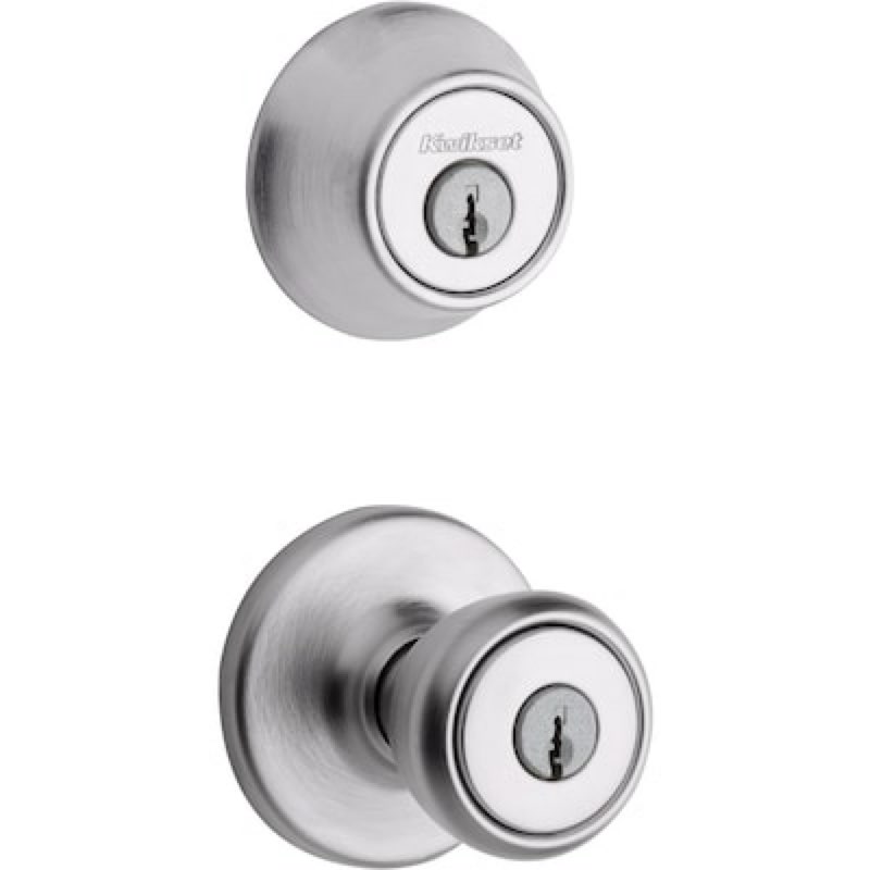 kwikset tylo satin chrome exterior double-cylinder deadbolt and keyed entry door knob combo pack
