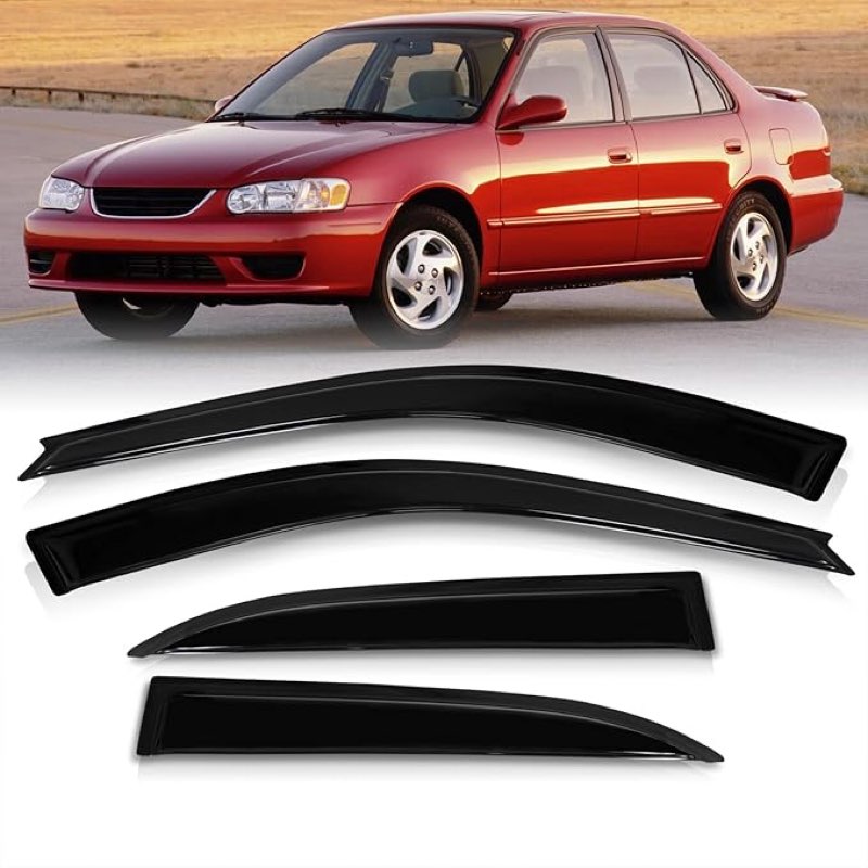 AJP Distributors 4PC Tape-On Side Window Visor Rain Guard Sun Shade Vent Aerodynamic Wind Deflector Shield Compatible/Replacement For Corolla Prizm E110 AE110 JDM 4-Door Sedan 1998 1999 2000 2001 2002