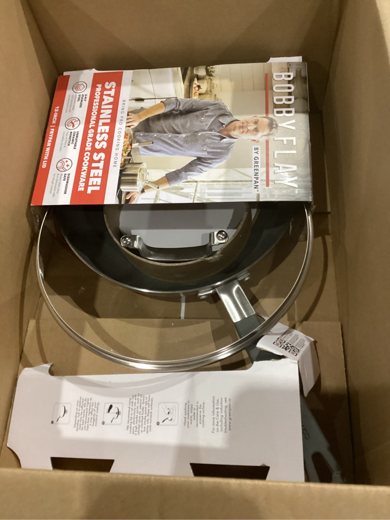 Condition photo showing As Is for GreenPan x Bobby Flay Stainless Steel 12” Frying Pan Skillet & Glass Lid, Professional Grade Tri-Ply, Multiclad, PFAS-Free Ceramic Nonstick, Induction Suitable, Dishwasher & Oven Safe,Stay Cool Handle 12" Frying Pan with Lid Stainless Steel