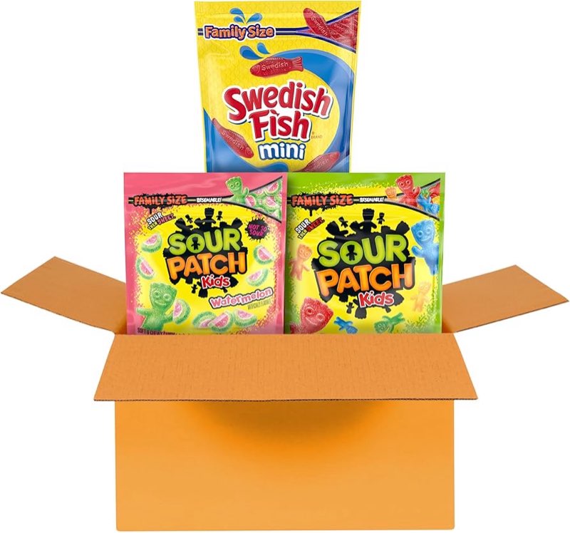 (BBD Date unknown) SOUR PATCH KIDS Original, SOUR PATCH KIDS Watermelon, and SWEDISH FISH Mini Soft & Chewy Candy Variety Pack, Family Size, Bulk Candy, 3-1.8 lb Bags