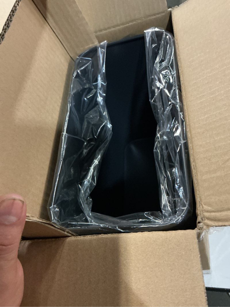 Condition photo showing Good Condition for small bathroom trash can 2.4 gallon wastebasket, slim metal garbage can matte black stainless steel trash bin for bedroom,office,kitchen,toilet, rv, near desk, under sink