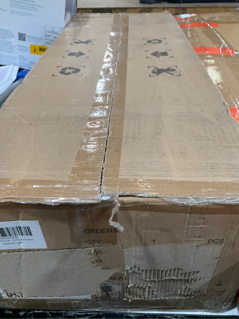 Condition photo showing As Is for depuley 66" ceiling fans with lights: black indoor/outdoor ceiling fan for patios living room - 8 blades dimmable large ceiling fans with remote app control timer reversible quiet dc motor 6 speeds