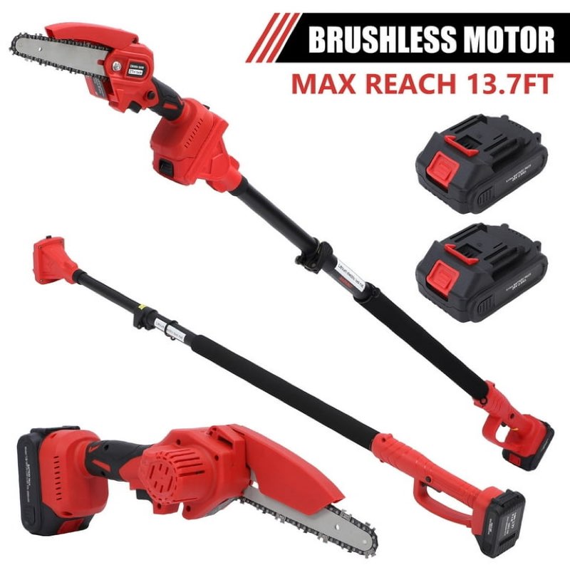 2-in-1 brushless cordless pole saw,6+8in mini chainsaw & pole saw with 2pcs , 13.6ft max reach brach tree saw telescoping extension rod for wood tree trimming wood cutting,red