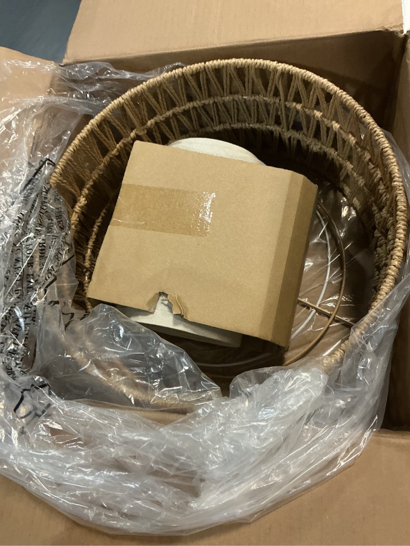 Condition photo showing Good Condition for boho rattan lamp shade, 12.6" top x 12.6" bottom x 7.68" high, natural rattan & linen double layer lamp shades for floor lamps table lamps chandelier, uno fitter lampshade replacement, easy assembly