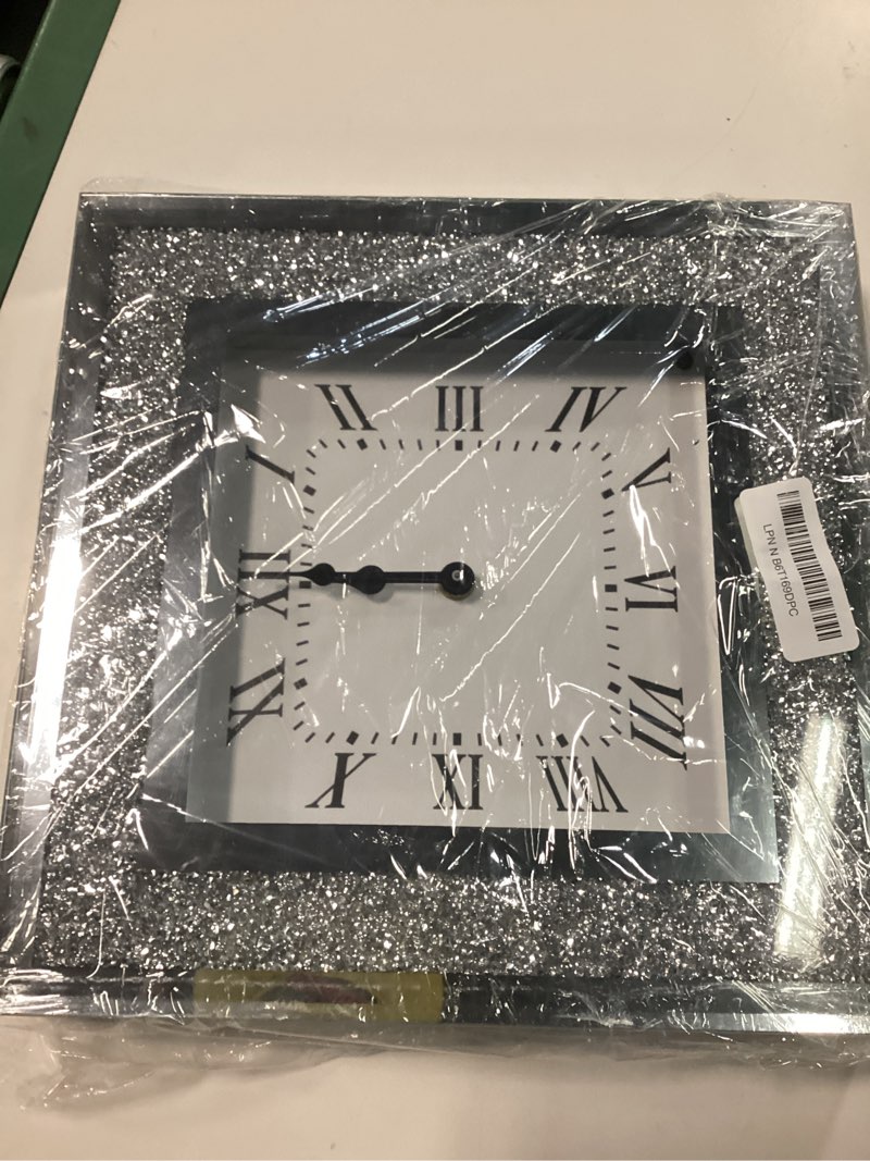 Condition photo showing Good Condition for crystal crush diamond mirrored square wall clock with sparkle twinkle bling diamond decor for wall decoration, 12x12inch decorative silver mirror quartz clock for home decor. aa battery not included shining silver
