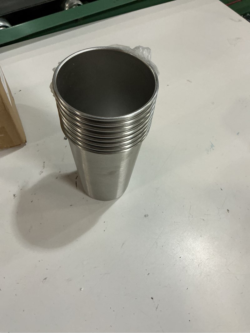 Condition photo showing New/Like New for 8 pack 16oz stainless steel cups, stainless steel stacking beer pint cups, stainless steel water tumbler for home, party, camping, outdoor, stackable drinking glasses, reusable, bpa free 8 pack stainless steel-16oz