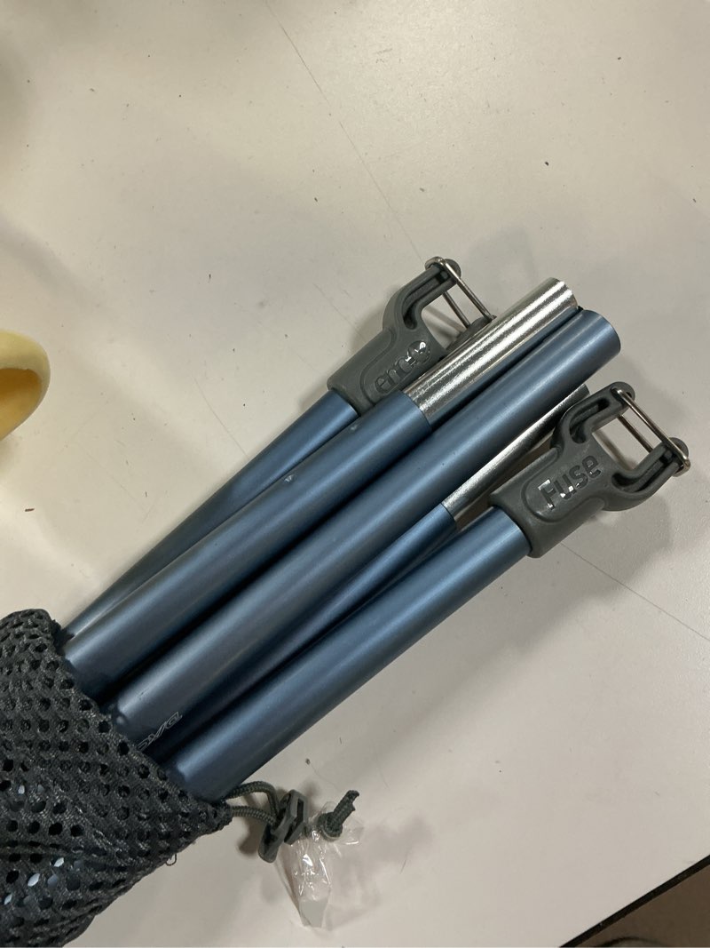 Condition photo showing As Is for eno fuse tandem hammock system colour slate lightwieght fuse spreader bars, two hammocks side by side dac grren anodised aluminium alloy eliminates enviro damage weight 277 g