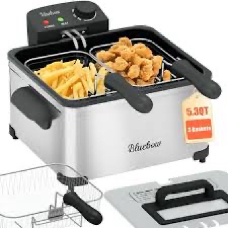 bluebow electric 5.3qt deep fryer, 1700w immersion fryer with 3-baskets, adjustable temperature, lid with viewing window, stainless steel