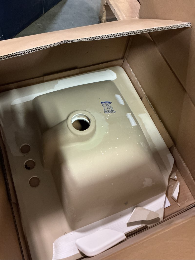 Condition photo showing As Is for allen + roth white drop-in rectangular bathroom sink with overflow drain (21.26-in x 18.5-in)