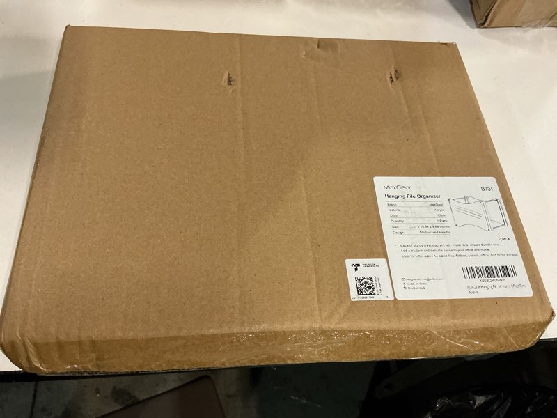 Condition photo showing New/Like New for MaxGear Clear Acrylic Hanging Folder Organizer Box, Stylish Desktop Storage Solution with Smooth Sliding Rails and Portable Handles for Letter Size Documents, Office, Home, or School Use