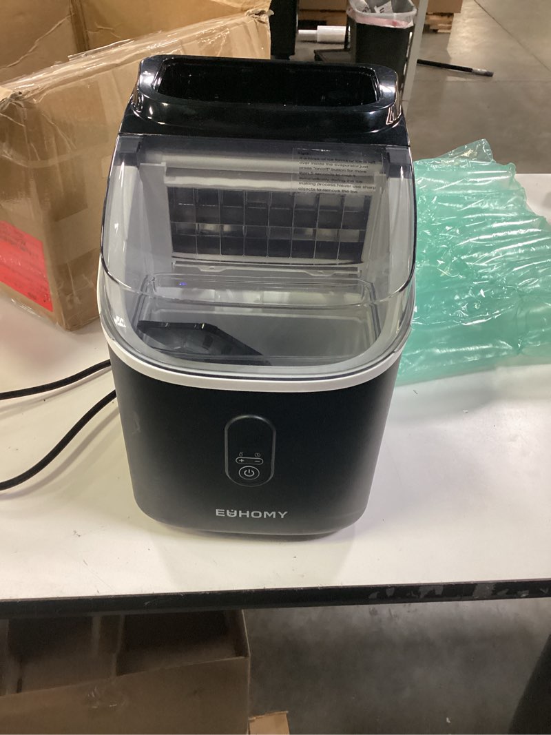 Condition photo showing As Is for euhomy nugget ice maker countertop with handle, ready in 6 mins, 38lbs/day, removable top cover, self-cleaning, portable chewable ice maker with basket, scoop, for home/rv/party/camping (black)