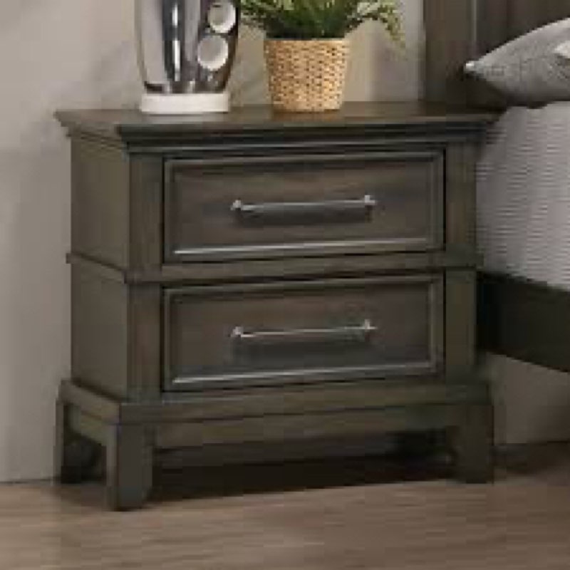 1pc Nightstand Gray Color Solid Wood Veneer Pewter Bar Pulls Crown Molding Details Bedroom Furniture