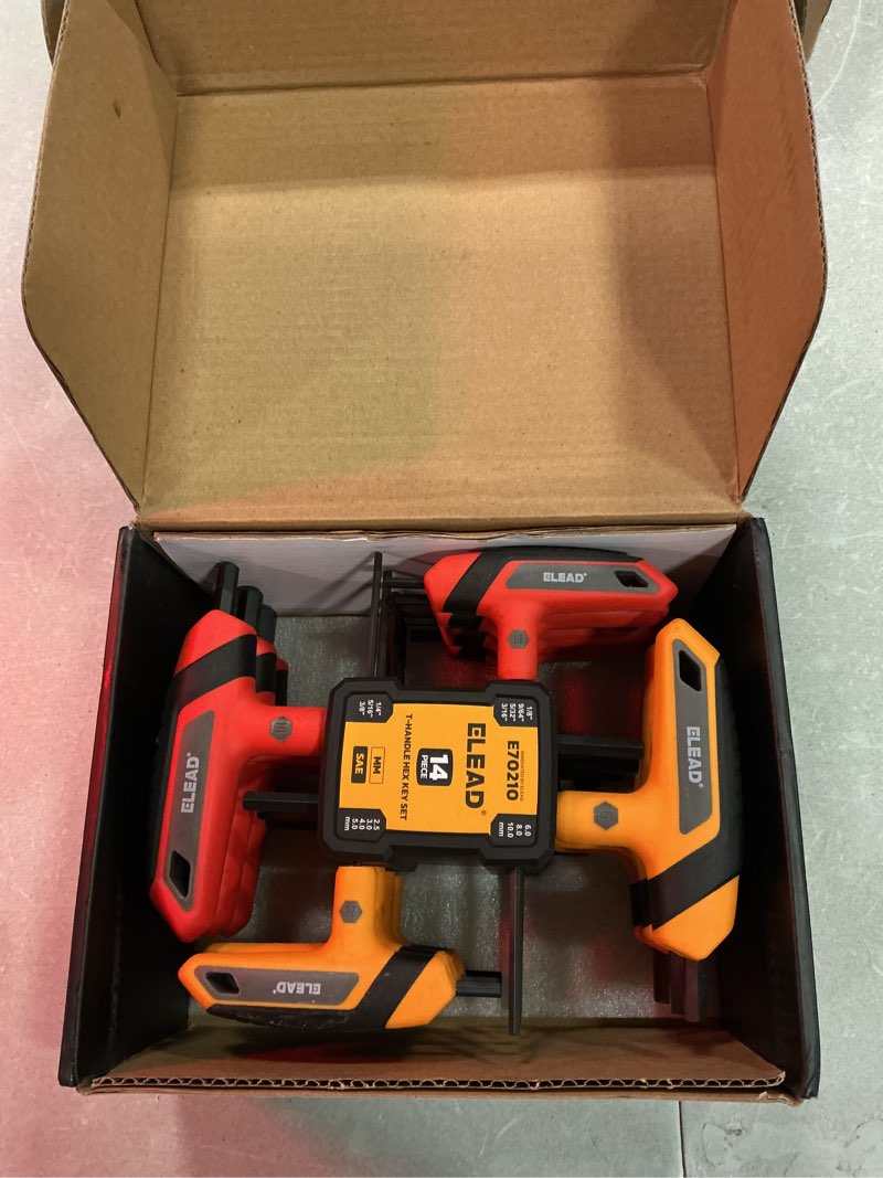 Condition photo showing Good Condition for elead 14-piece t-handle allen wrench set, metric 2.5mm-10mm & sae 1/8"-3/8" portable hex key, long arm allen key set with storage rack for basic home repair and mechanical maintenance t-handle new version