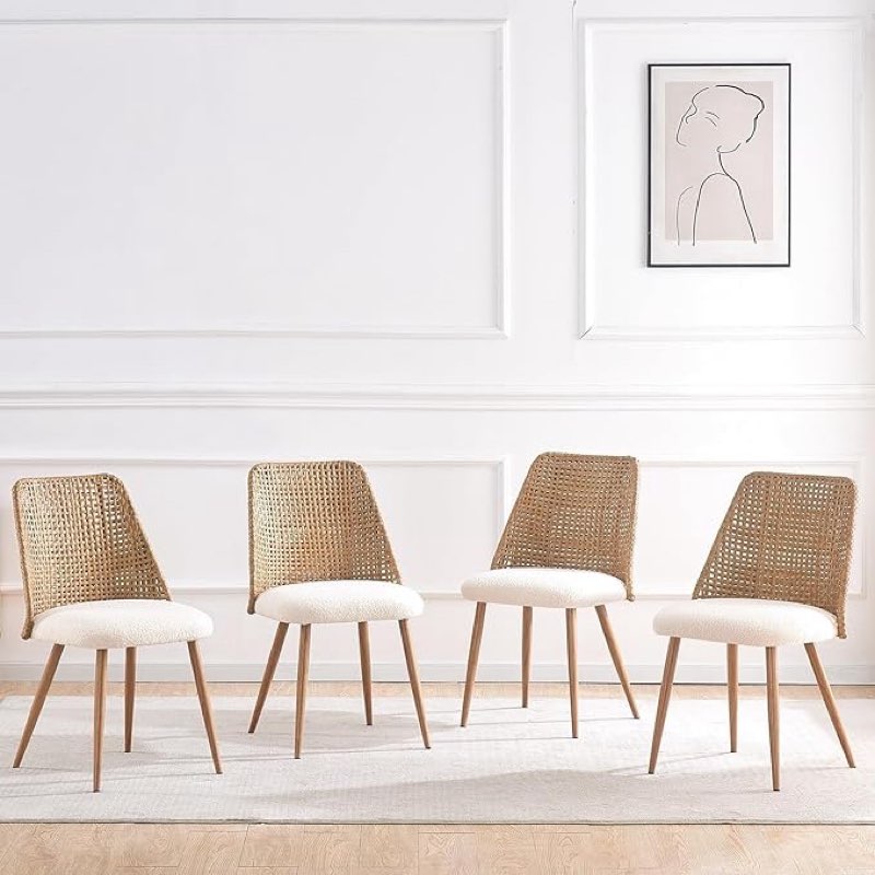 Rattan Dining Chairs Set of 4,Upholstered Kitchen Chairs, Mid Century Modern PE Rattan Kitchen & Dining Room Cane Back Chairs for Dining Room with Metal Legs,White