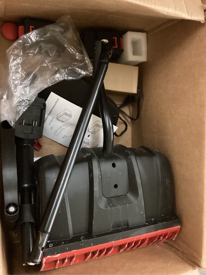 Condition photo showing As Is for mzk cordless snow shovel, 20v 13-inch battery powered snow thrower, battery snow blower with directional plate & adjustable front handle(4.0ah li-ion battery & fast charger included)