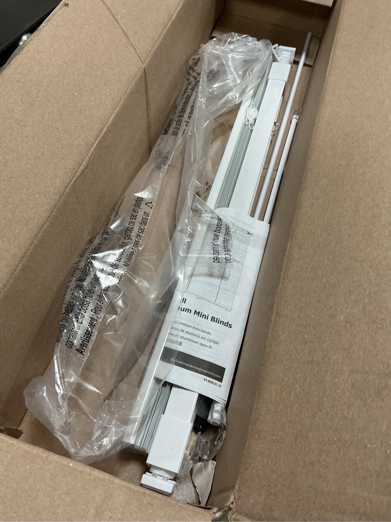 Condition photo showing As Is for lazblinds no tools-no drill 1" aluminum mini blinds, cordless blinds for indoor windows, light filtering horizontal blinds and shades for window size 24'' w x 36'' h, white no drill-white 24'' w x 36'' h