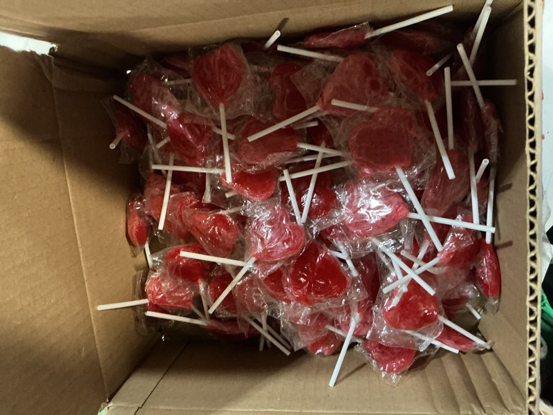 Condition photo showing New/Like New for fruidles red double heart lollipops, 5 pounds (bulk) double heart shaped flavored, individually wrapped 18 gram lollipop red double heart 5 pounds (bulk)(best by 06/08/2027)