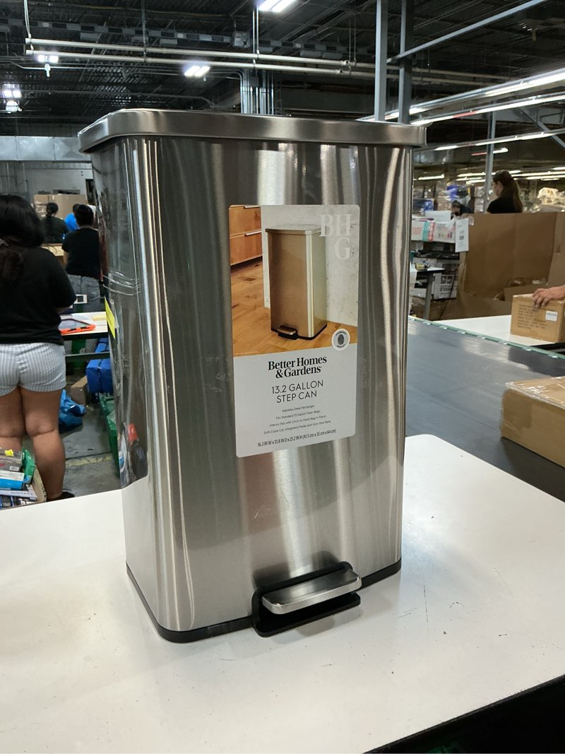Condition photo showing New/Like New for better homes & gardens kitchen trash can  13.2 gallon stainless steel step garbage bin with soft close lid  silver
