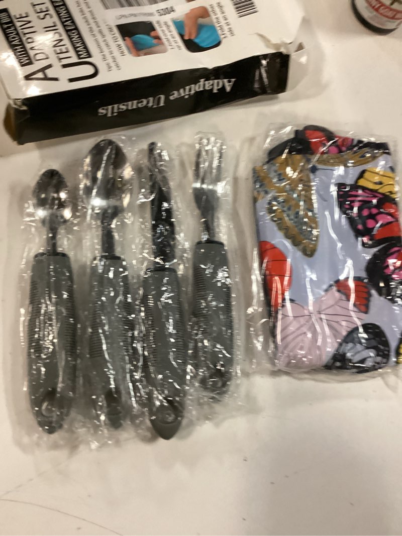 Condition photo showing Good Condition for Adaptive Utensils with Adult Bib - 4pcs Weighted Utensils Set (2.5oz Each) for Hand Tremors, Elderly, Parkinson's, Arthritis - Non-Slip Easy Grip Handles for Independent Eating Gray 4 utensils + 1 bib butterfly