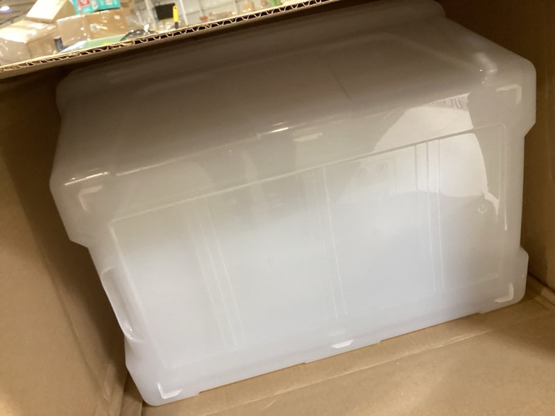 Condition photo showing As Is for iris usa 94 qt stackable plastic storage bins with lids, 2 pack - bpa-free, made in usa - see-through organizing solution, latches, durable nestable containers, secure pull handle - clear clear 94 qt 2 pack